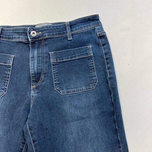 Falls Creek Womens Flare Jeans Blue Stretch Patch Packets Stone Wash Mid Rise 8 - Picture 4 of 10